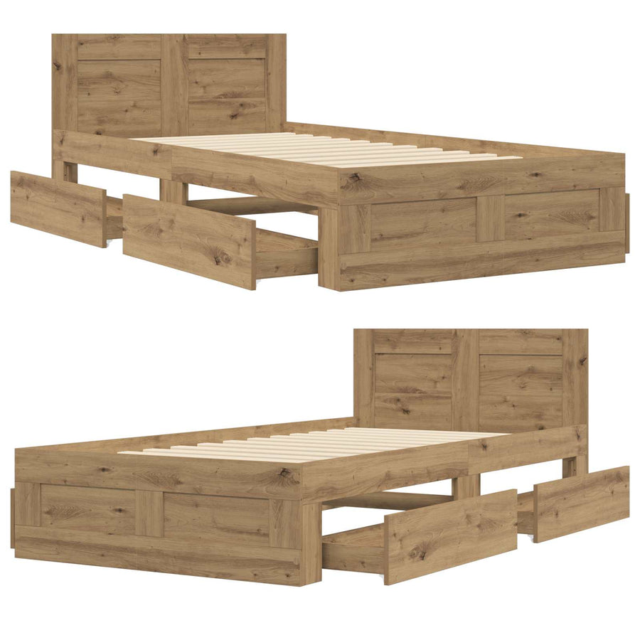 Bedframe met lade met opslag 2 st Artisanaal eiken Bewerkt hout