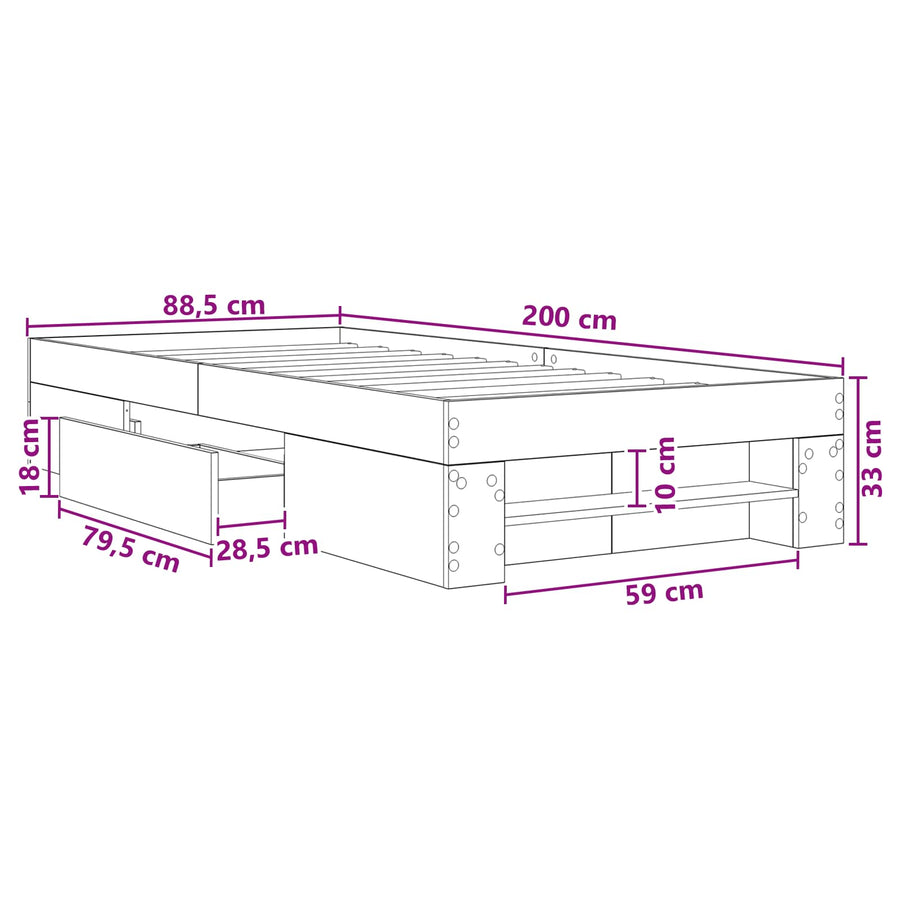 Bedframe met opslag Sonoma Eiken 80 x 200 cm Bewerkt hout