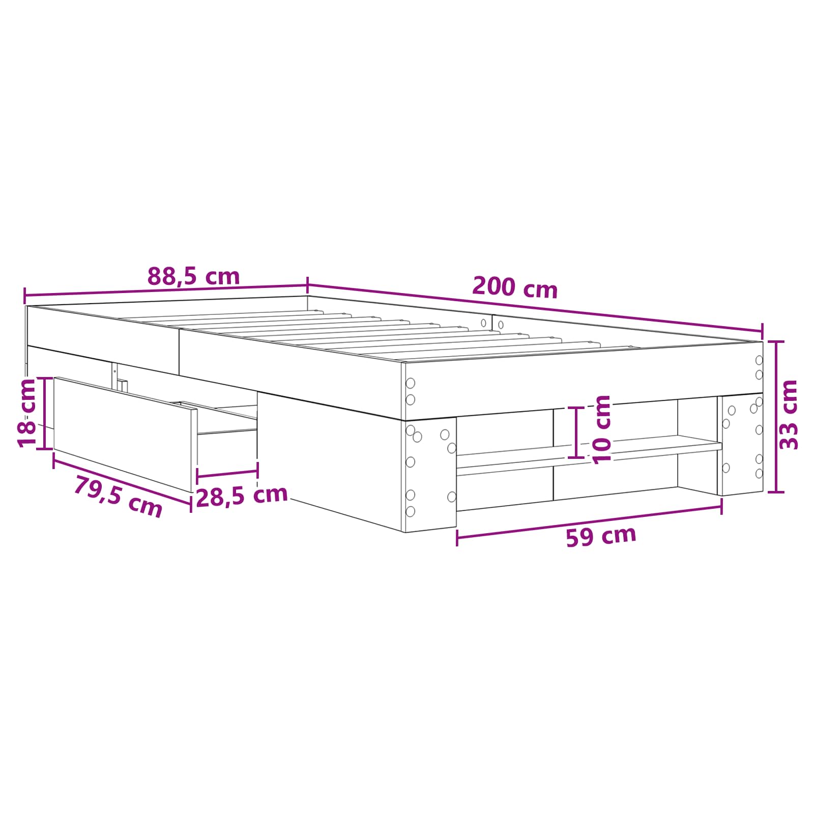 Bedframe met opslag Grijs Sonoma 80 x 200 cm Bewerkt hout