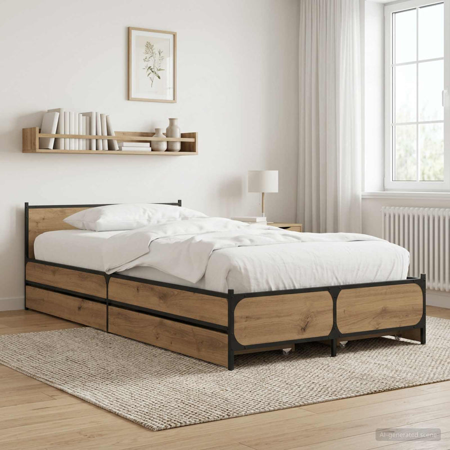 Bedframe met Hoofdeinde met lade Artisanaal eiken 80 x 200 cm