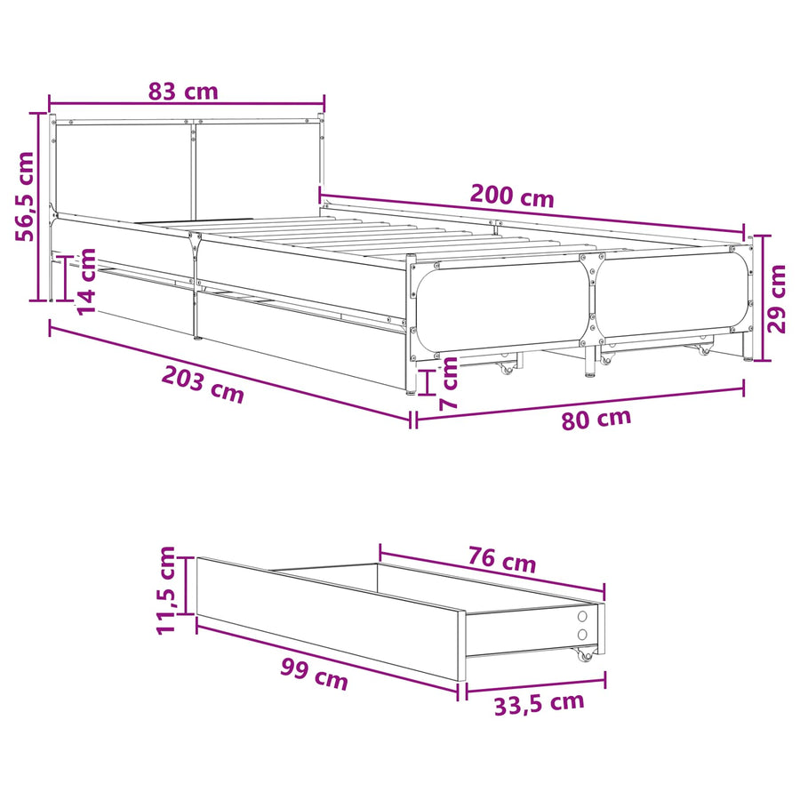Bedframe met Hoofdeinde met lade Artisanaal eiken 80 x 200 cm