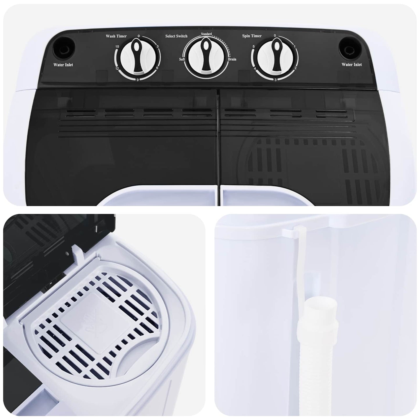 Mini Wasmachine met Twin Tub 3,6 kg Zwart en Wit