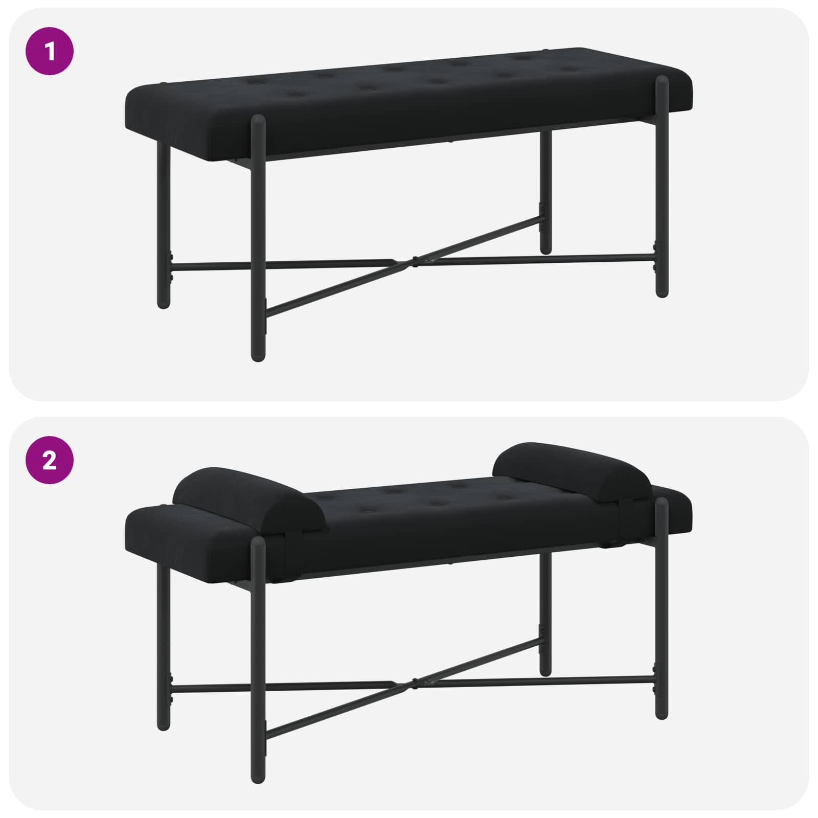 Knop-gestept Bankje met Kussens Zwart 110 x 40 x 46 cm Fluweel