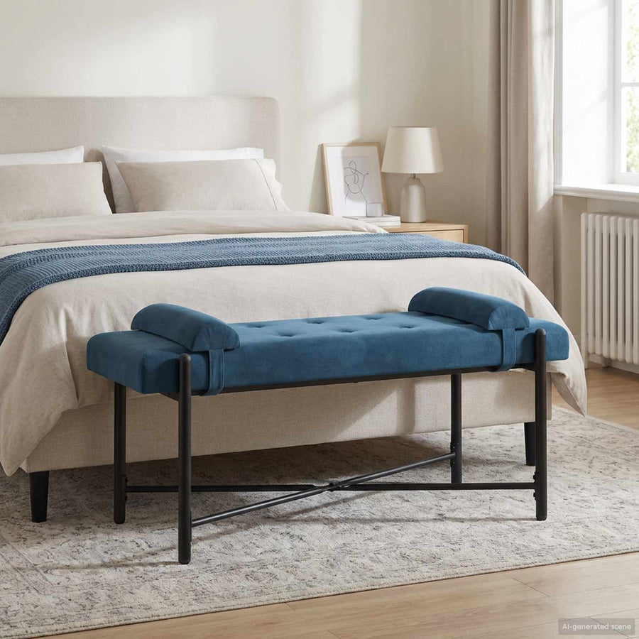 Knop-gestept Bankje met Kussens Blauw 110 x 40 x 46 cm Fluweel