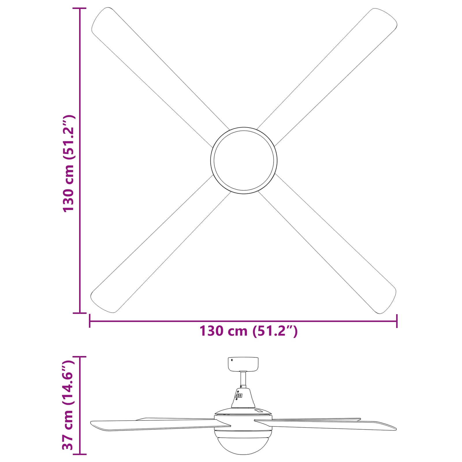Plafondventilator met licht en afstandsbediening Ø 130 cm Zwart