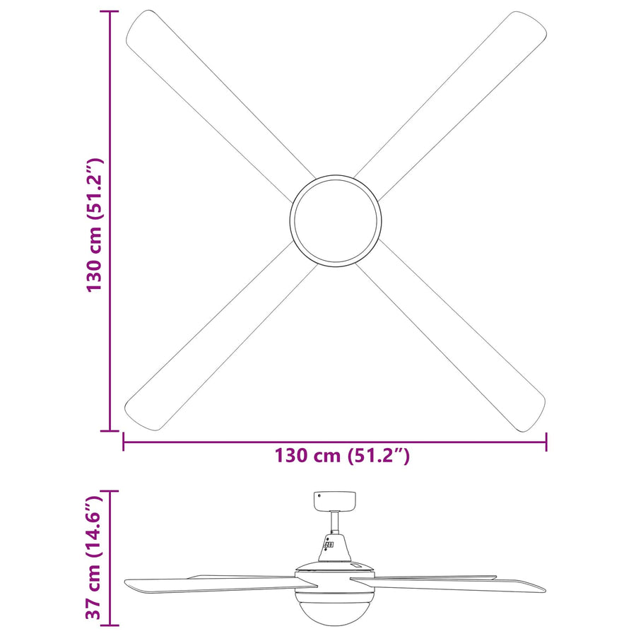 Plafondventilator met licht en afstandsbediening Ø 130 cm Zwart