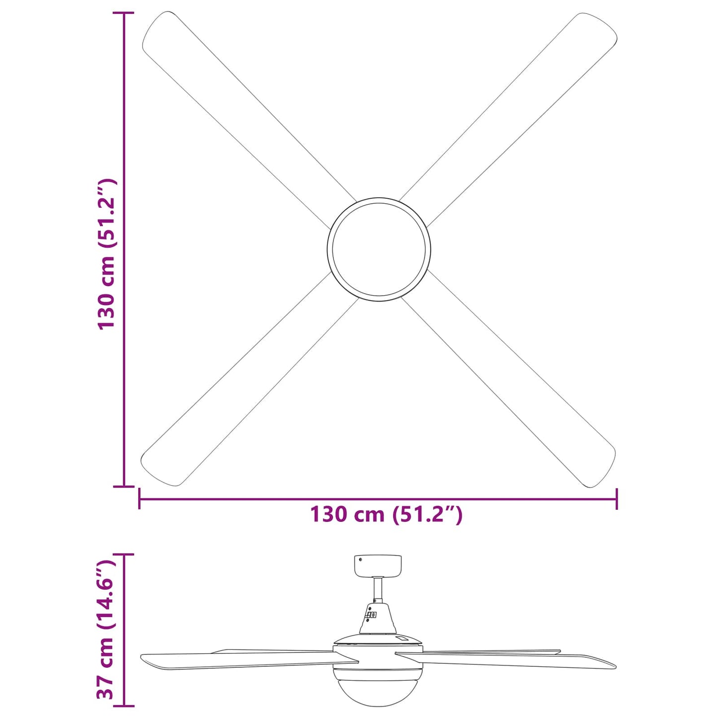 Plafondventilator met licht en afstandsbediening Ø 130 cm