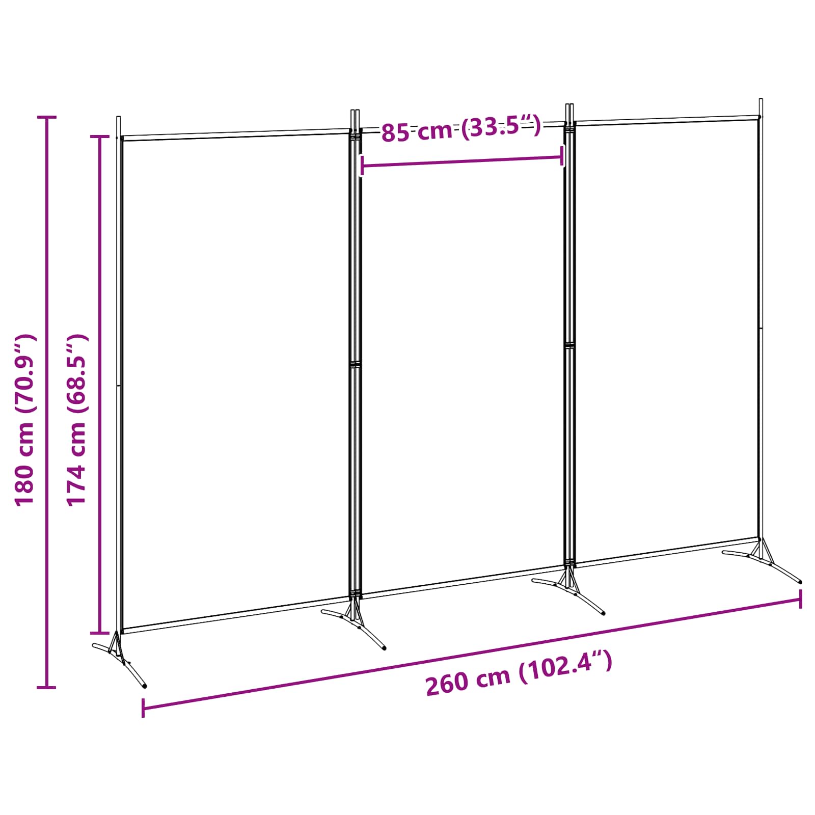 3-Panel Room Divider Beige 260 x 180 cm Stof