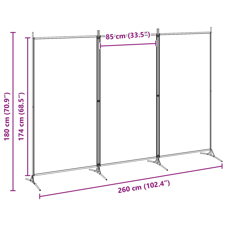 3-Panel Room Divider Beige 260 x 180 cm Stof
