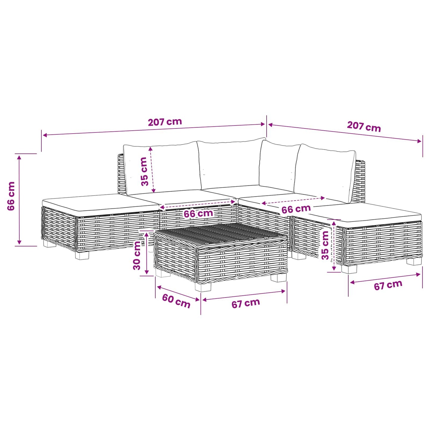 6 st Rieten Loungeset met Kussens GENDT Natuurlijk rattan