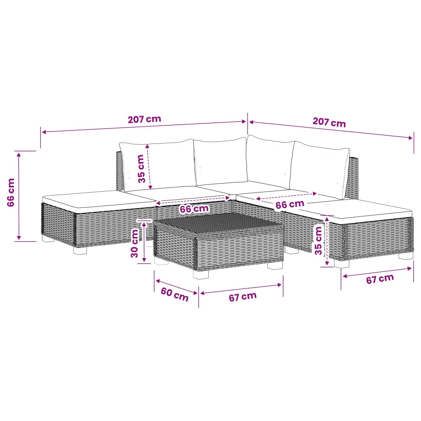 6 st Rieten Loungeset met Kussens GENDT Natuurlijk rattan