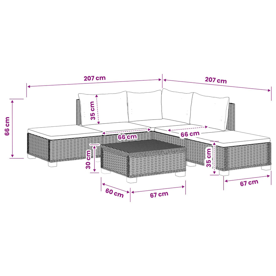6 st Rieten Loungeset met Kussens GENDT Natuurlijk rattan