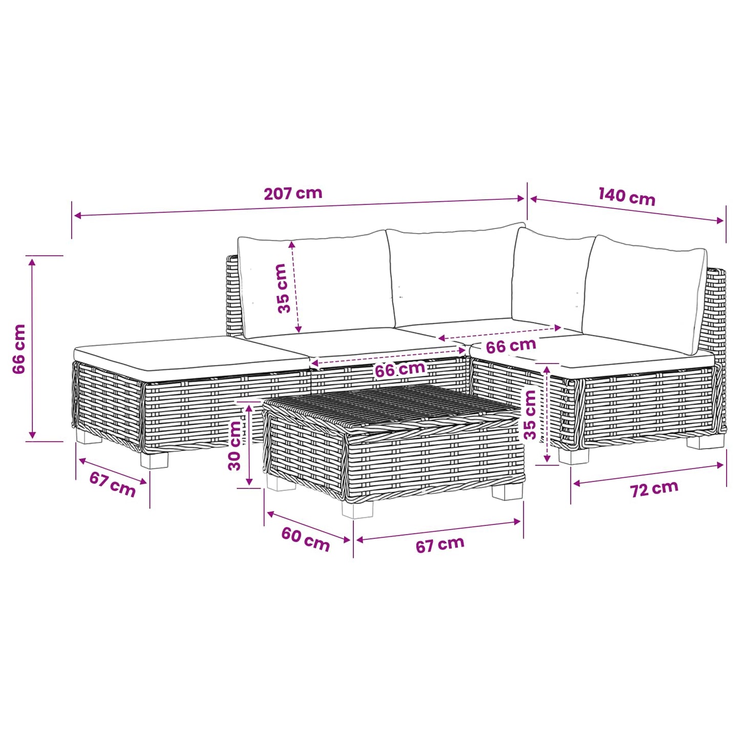 4 st Rieten Loungeset met Kussens GENDT Natuurlijk rattan