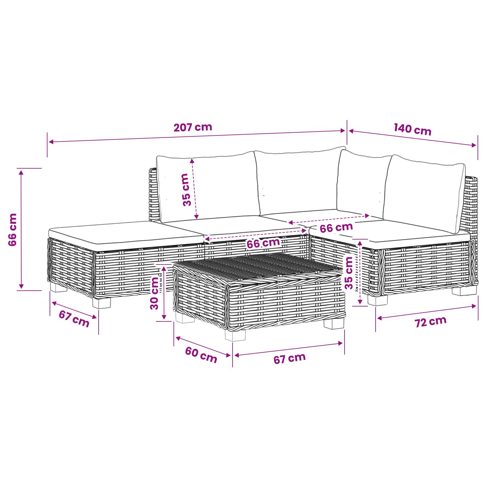 4 st Rieten Loungeset met Kussens GENDT Natuurlijk rattan