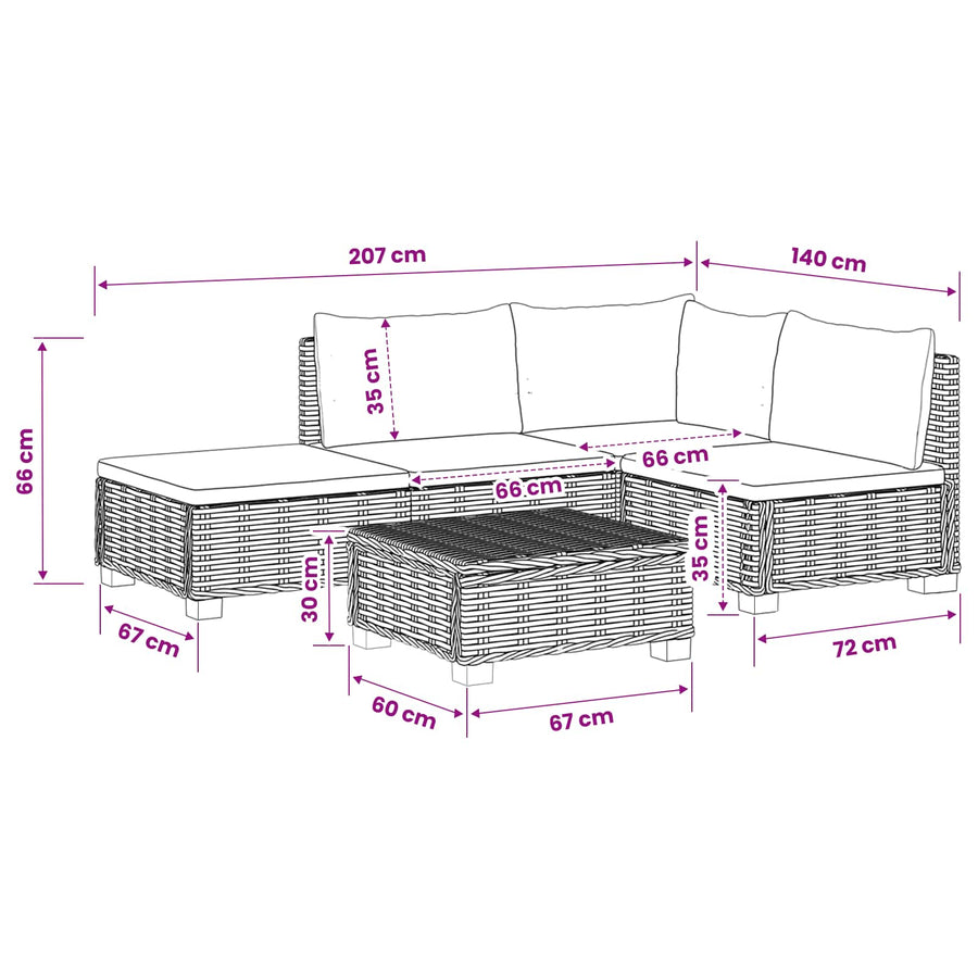 4 st Rieten Loungeset met Kussens GENDT Natuurlijk rattan