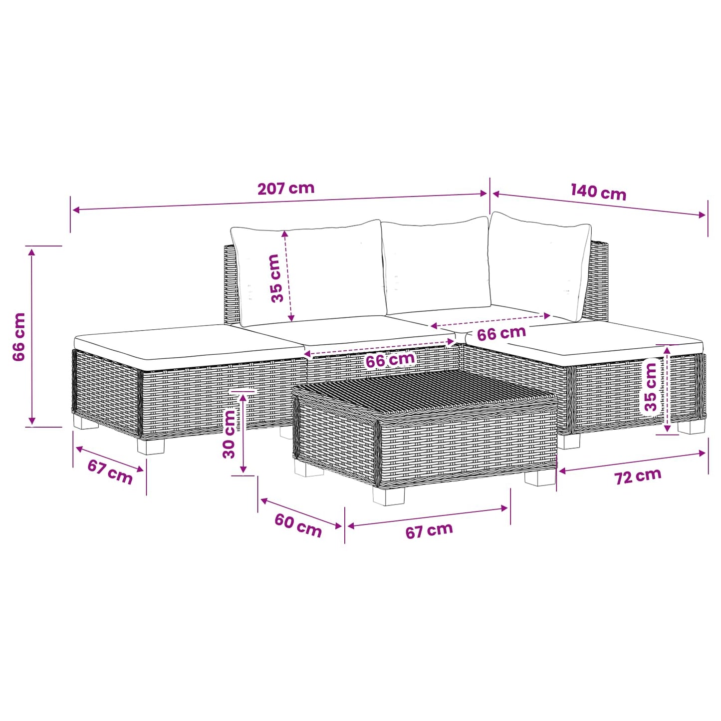 4 st Rieten Loungeset met Kussens GENDT Natuurlijk rattan