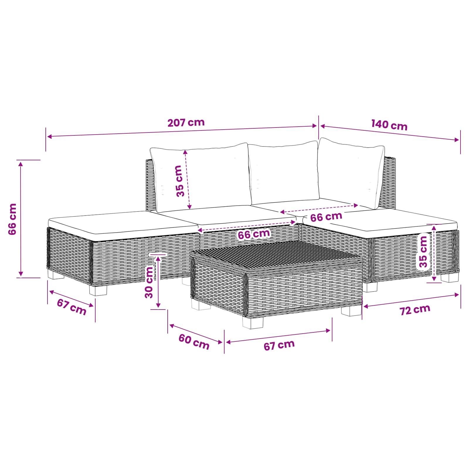 4 st Rieten Loungeset met Kussens GENDT Natuurlijk rattan