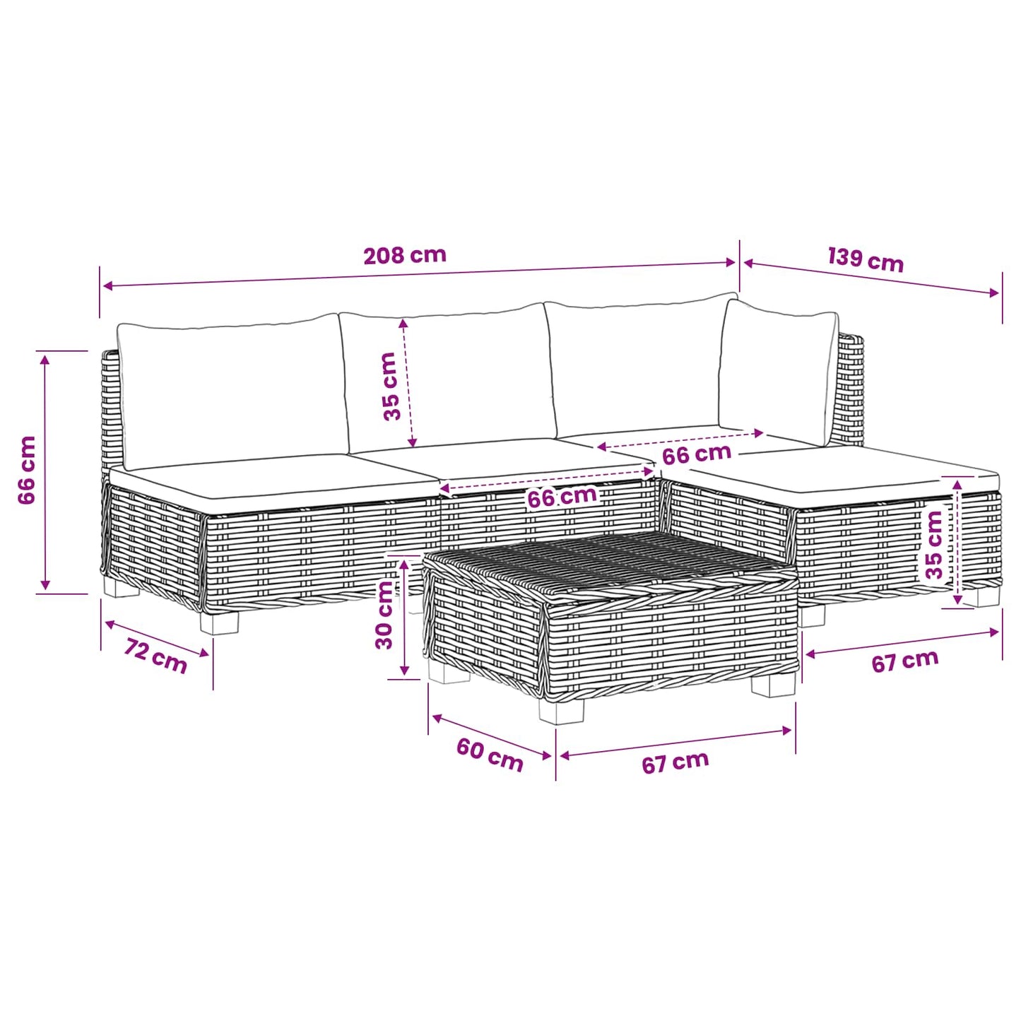 5 st Rieten Loungeset met Kussens GENDT Natuurlijk rattan