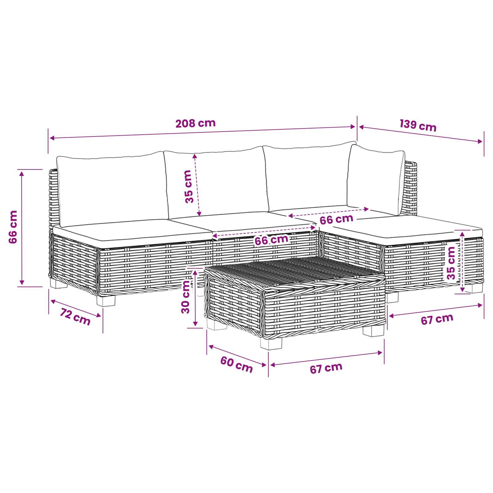 5 st Rieten Loungeset met Kussens GENDT Natuurlijk rattan