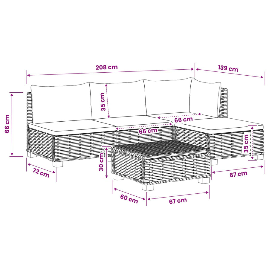 5 st Rieten Loungeset met Kussens GENDT Natuurlijk rattan