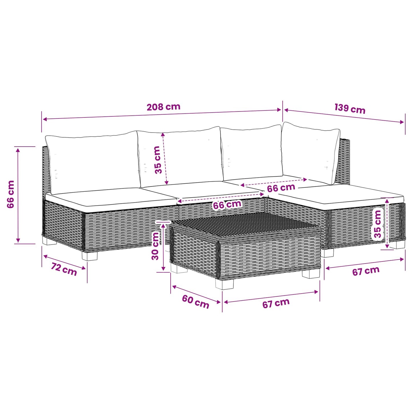 5 st Rieten Loungeset met Kussens GENDT Natuurlijk rattan