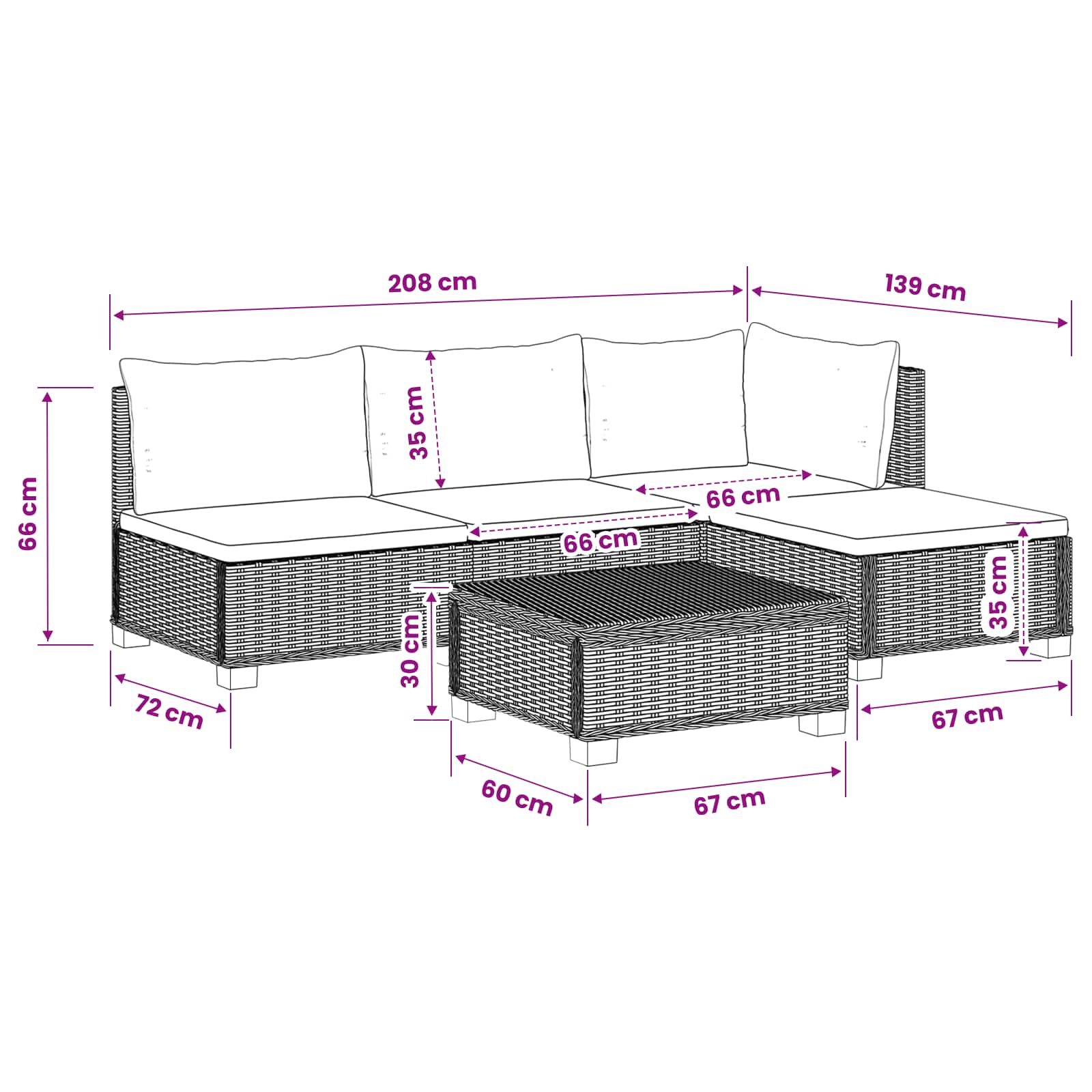 5 st Rieten Loungeset met Kussens GENDT Natuurlijk rattan