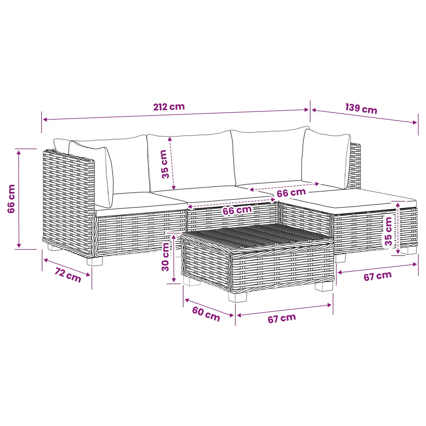 5 st Rieten Loungeset met Kussens GENDT Natuurlijk rattan