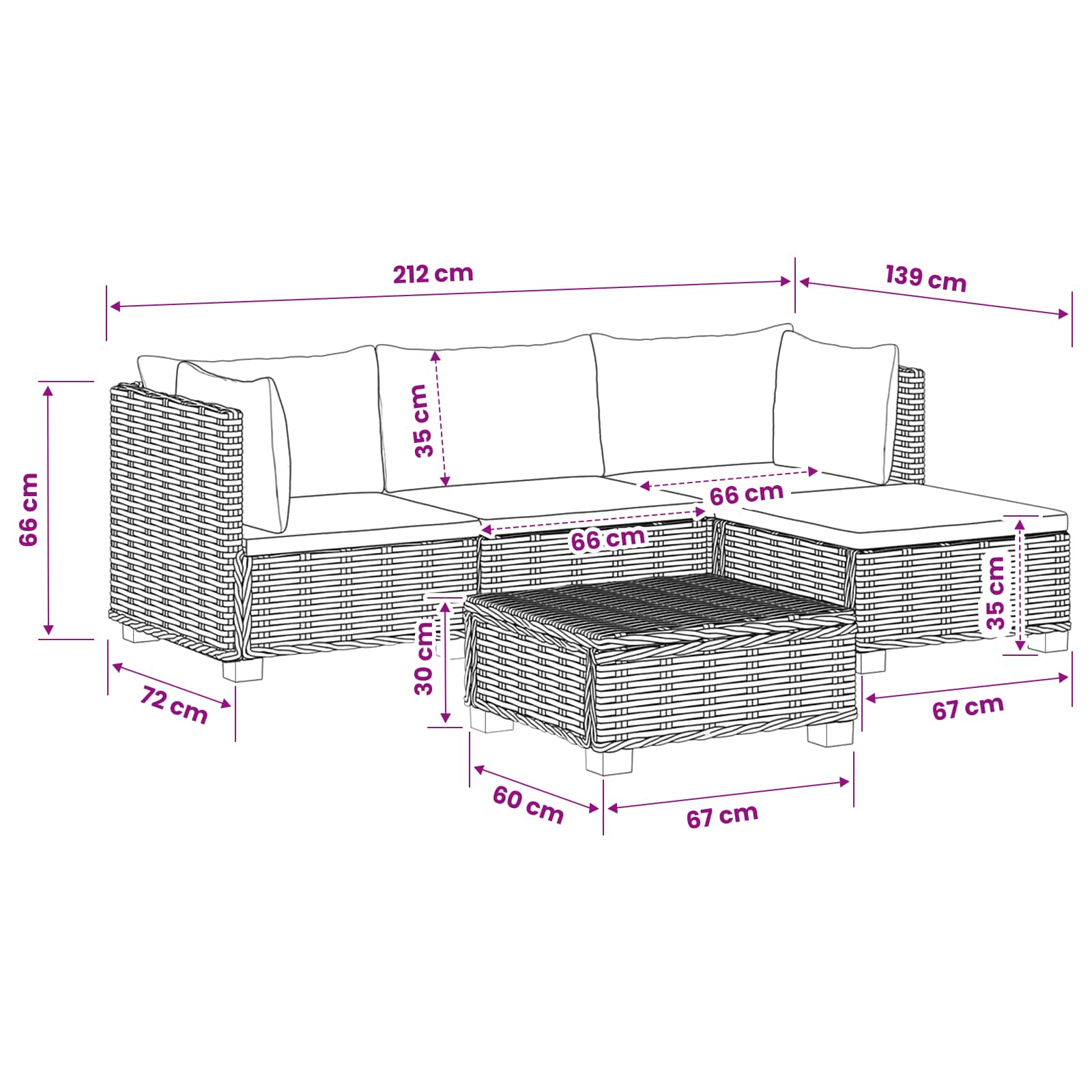 5 st Rieten Loungeset met Kussens GENDT Natuurlijk rattan
