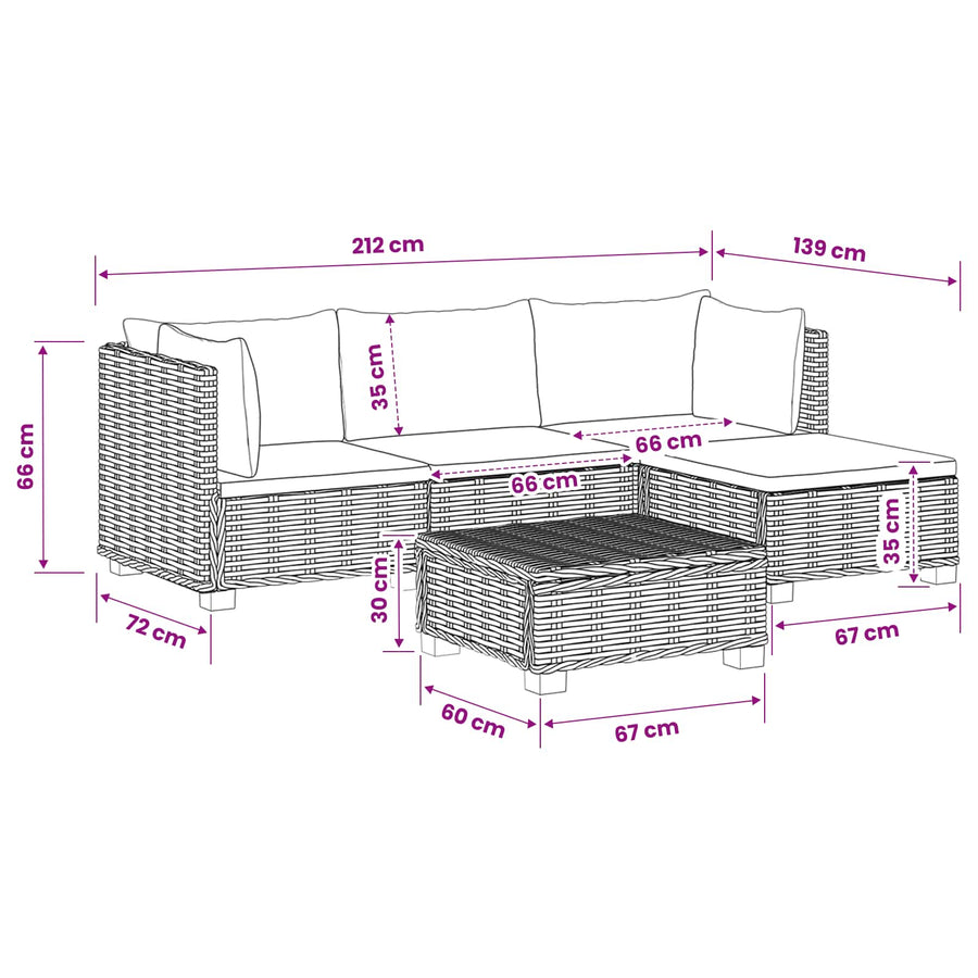 5 st Rieten Loungeset met Kussens GENDT Natuurlijk rattan