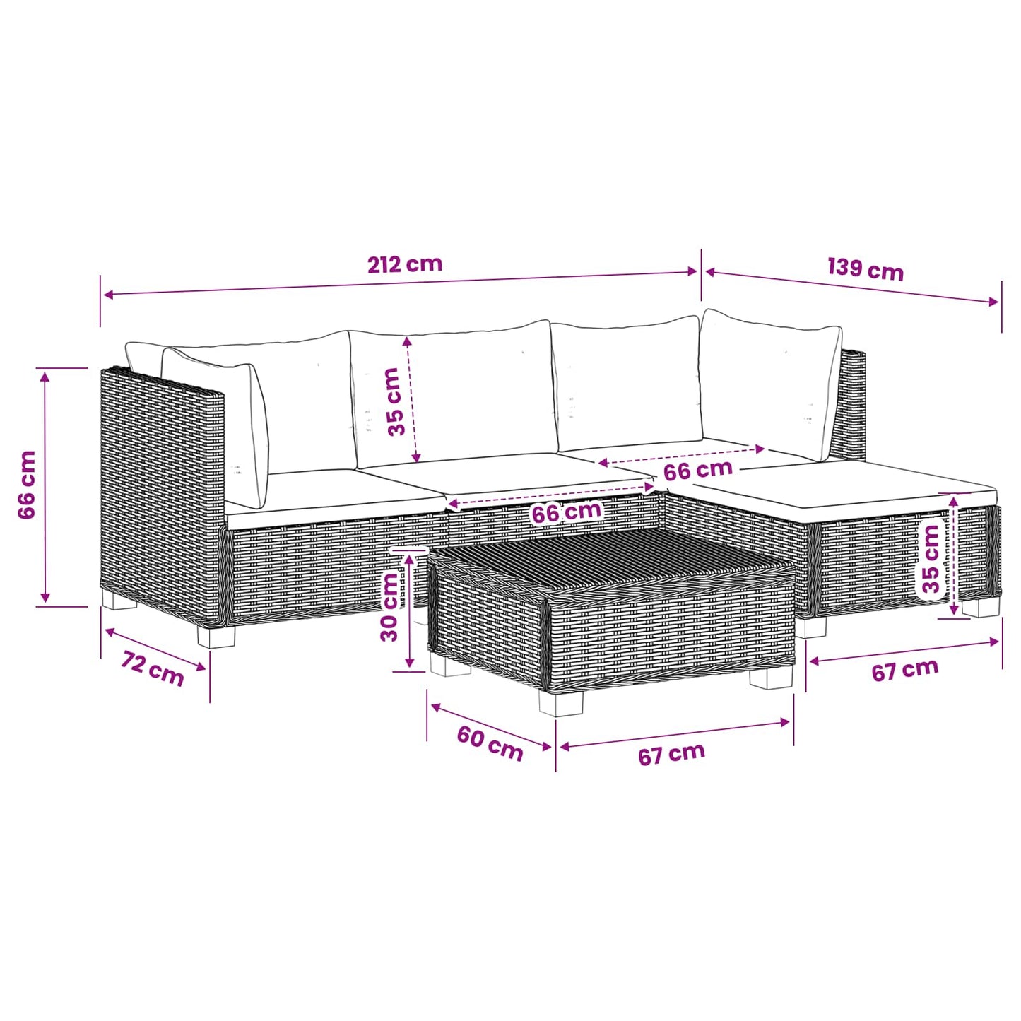 5 st Rieten Loungeset met Kussens GENDT Natuurlijk rattan