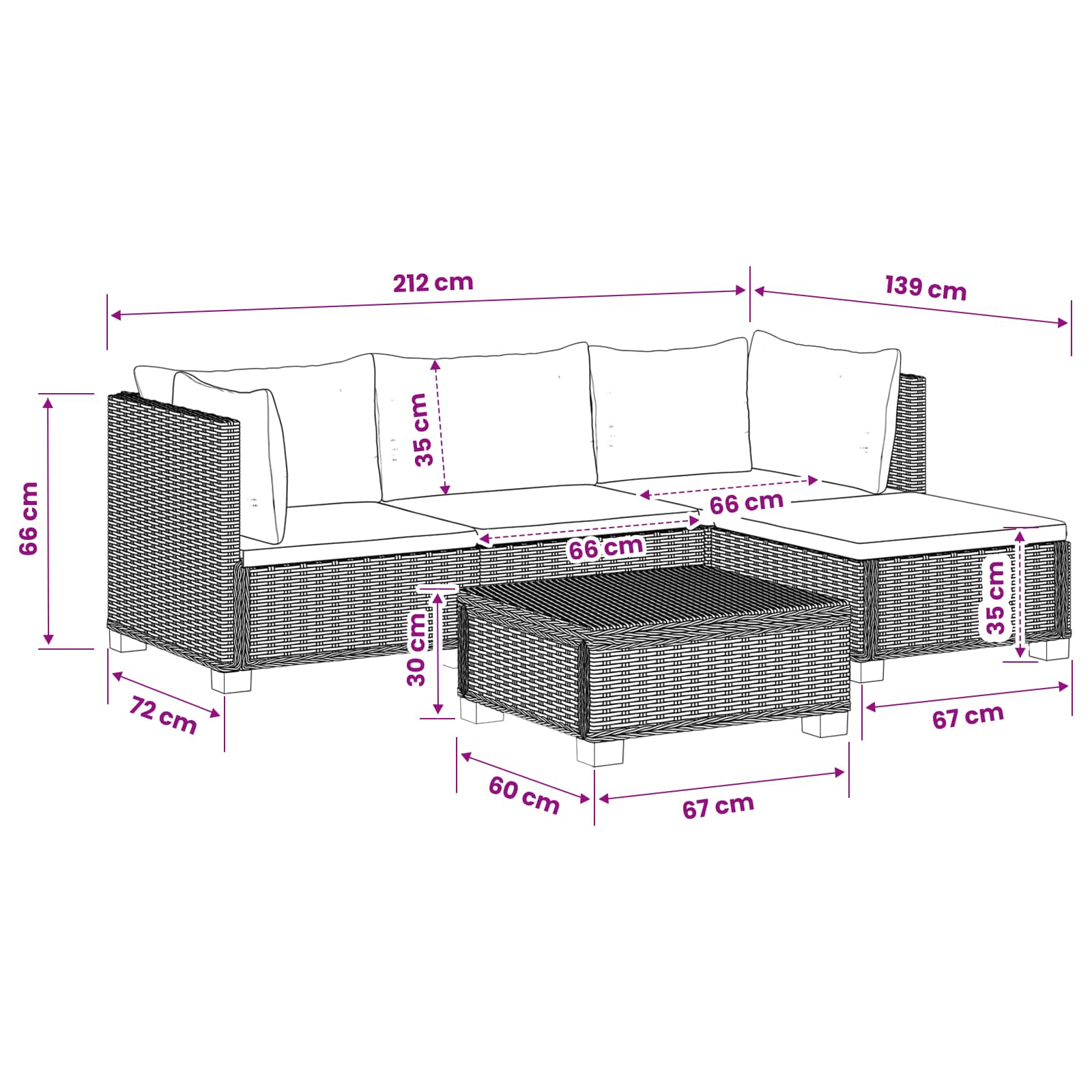 5 st Rieten Loungeset met Kussens GENDT Natuurlijk rattan