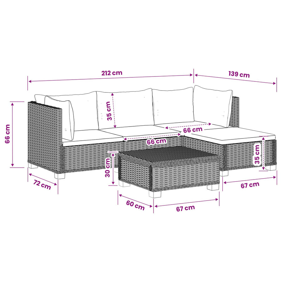 5 st Rieten Loungeset met Kussens GENDT Natuurlijk rattan