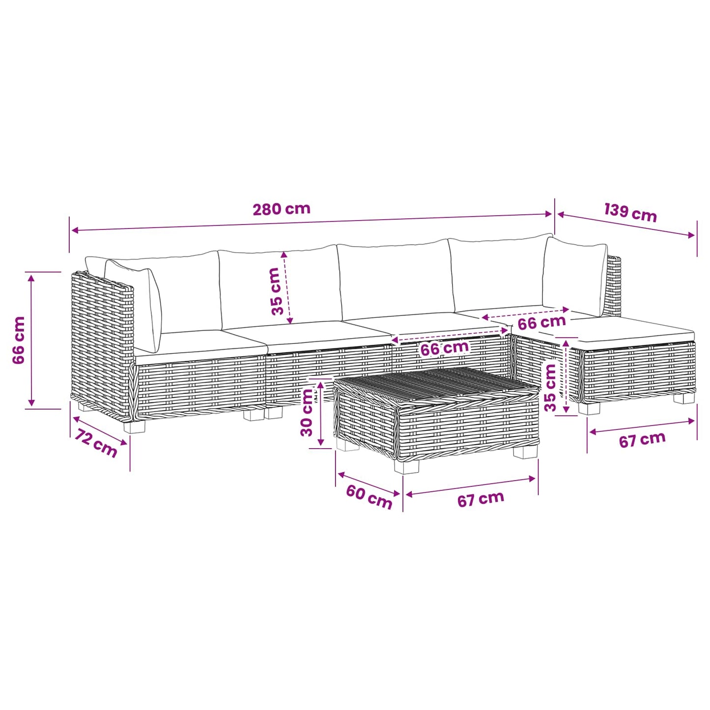 6 st Rieten Loungeset met Kussens GENDT Natuurlijk rattan