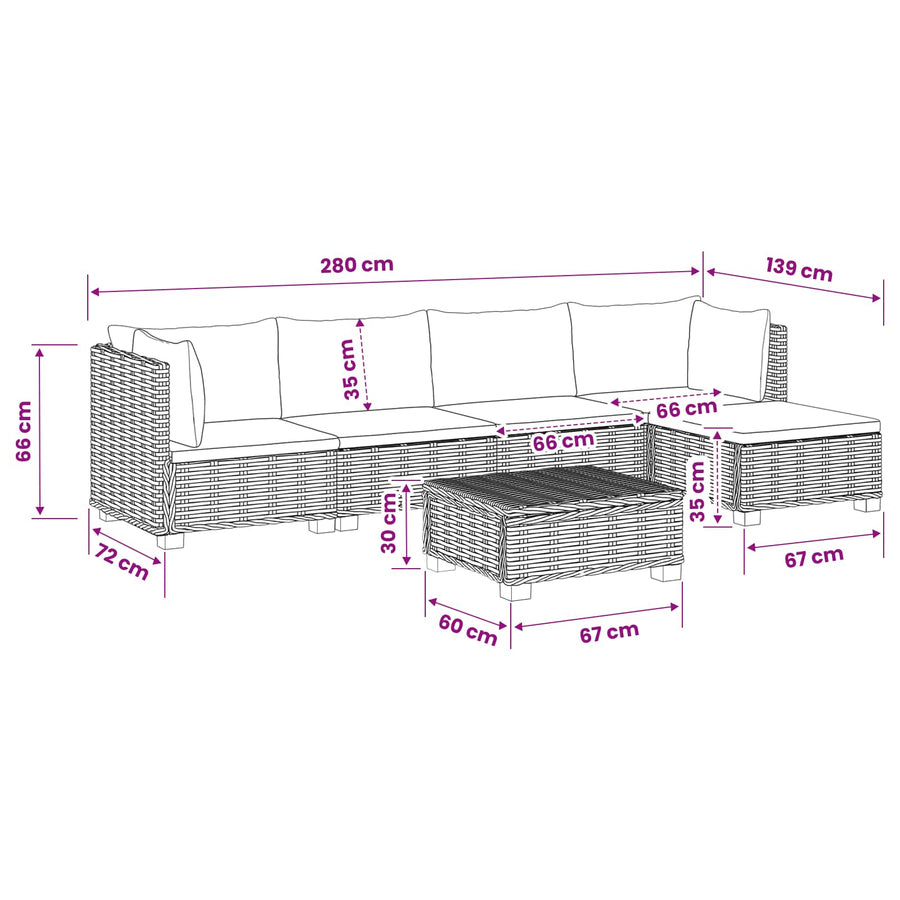 6 st Rieten Loungeset met Kussens GENDT Natuurlijk rattan