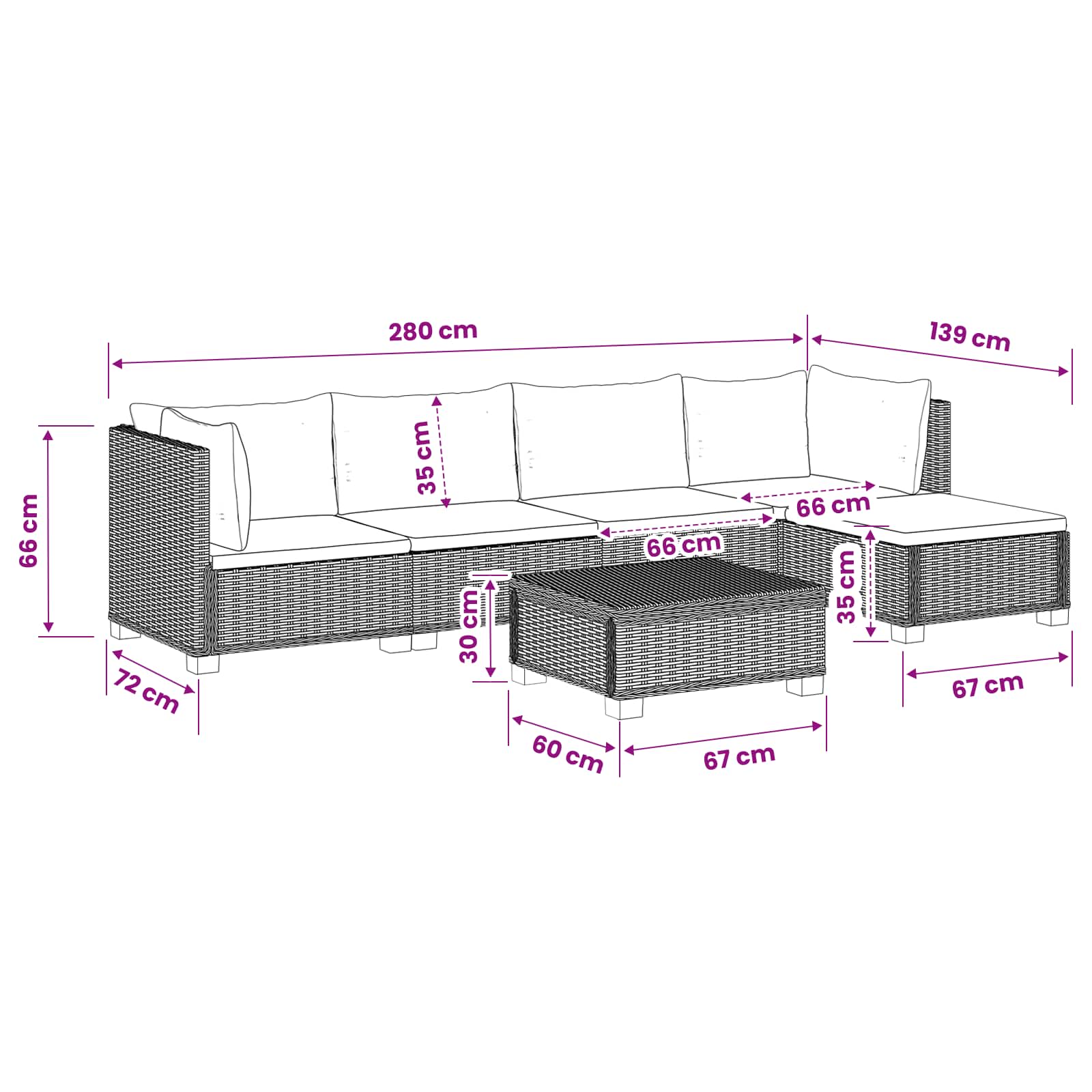6 st Rieten Loungeset met Kussens GENDT Natuurlijk rattan