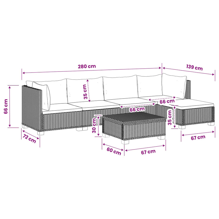 6 st Rieten Loungeset met Kussens GENDT Natuurlijk rattan