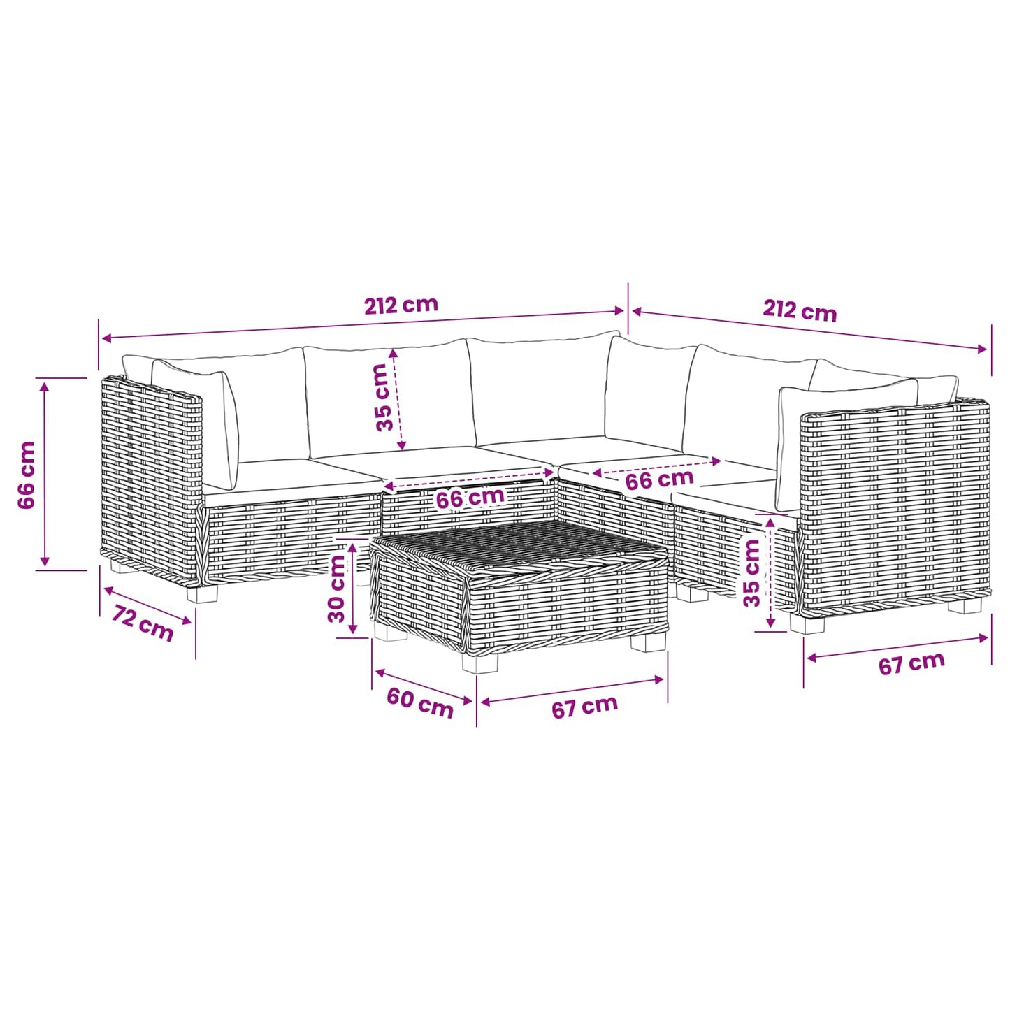 6 st Rieten Loungeset met Kussens GENDT Natuurlijk rattan