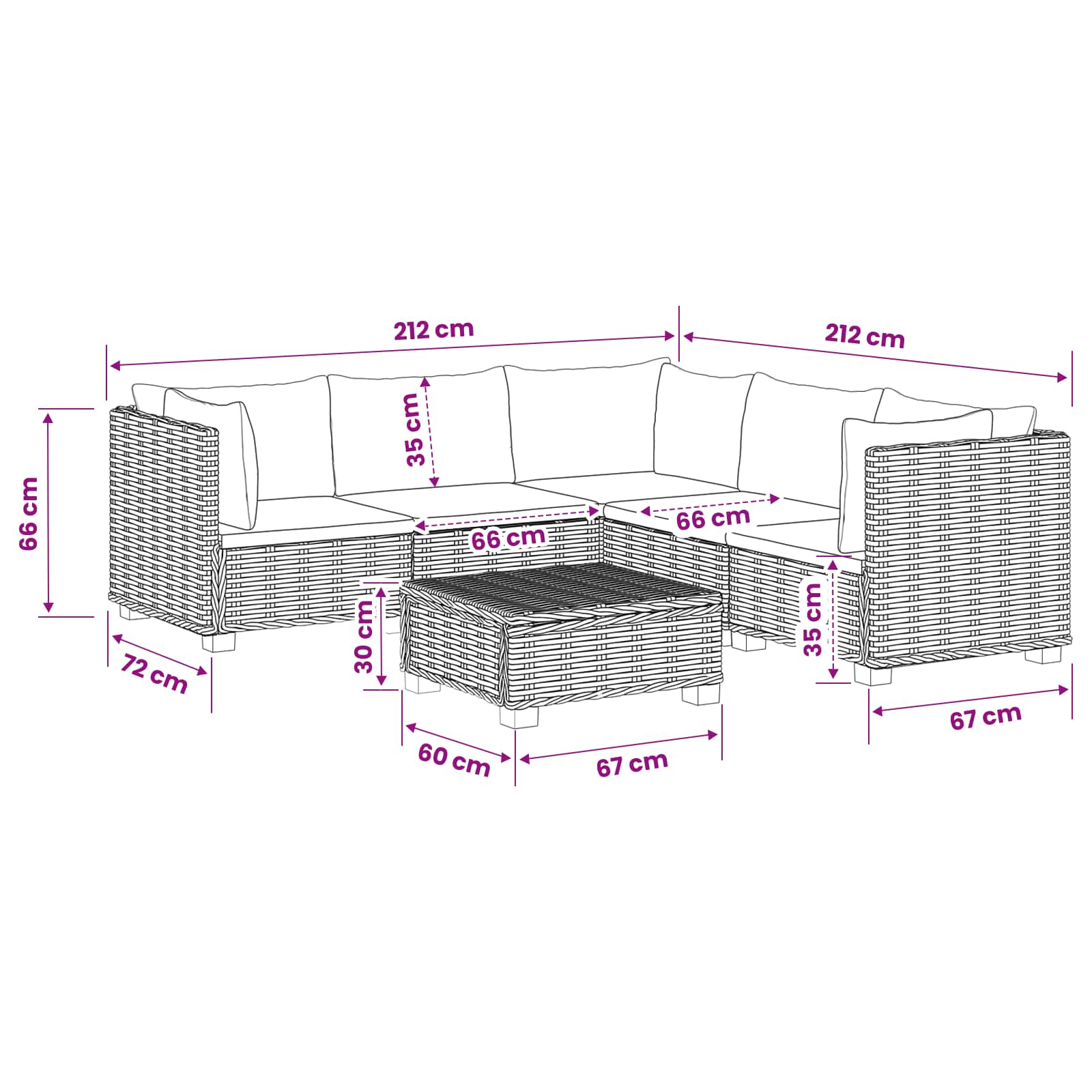 6 st Rieten Loungeset met Kussens GENDT Natuurlijk rattan