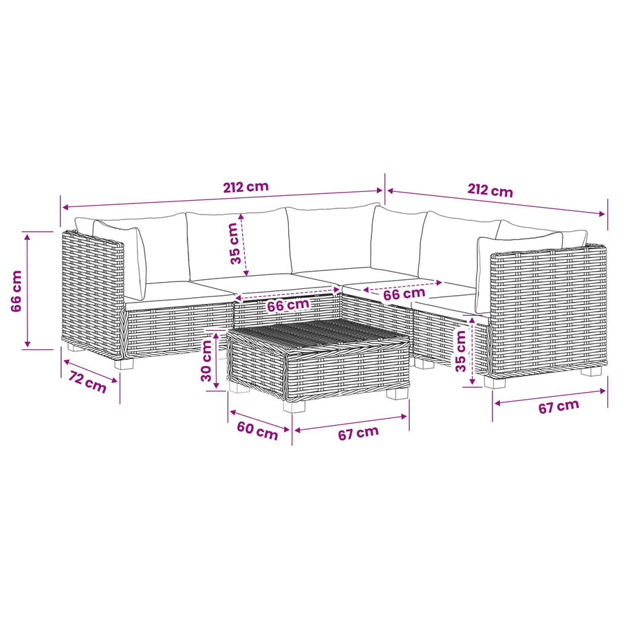 6 st Rieten Loungeset met Kussens GENDT Natuurlijk rattan