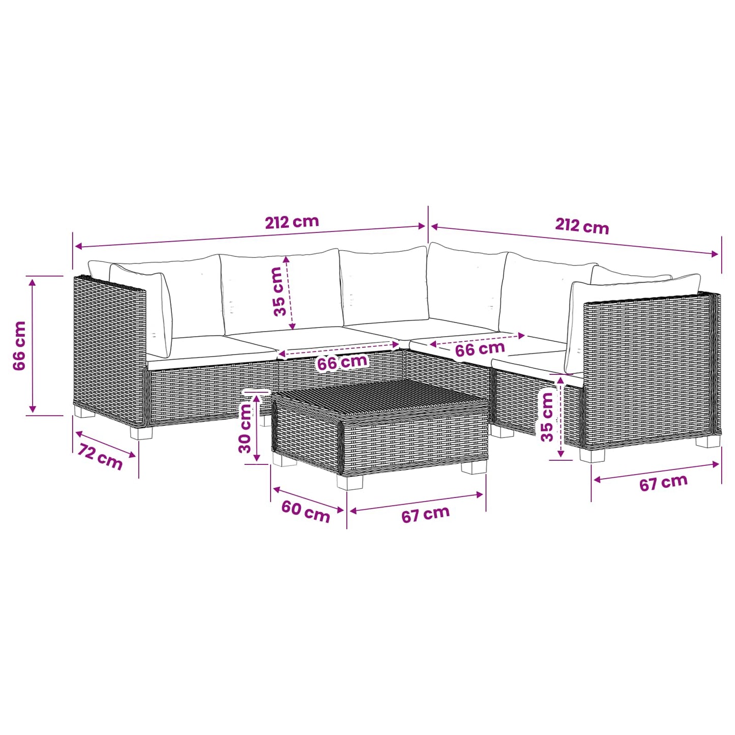 6 st Rieten Loungeset met Kussens GENDT Natuurlijk rattan