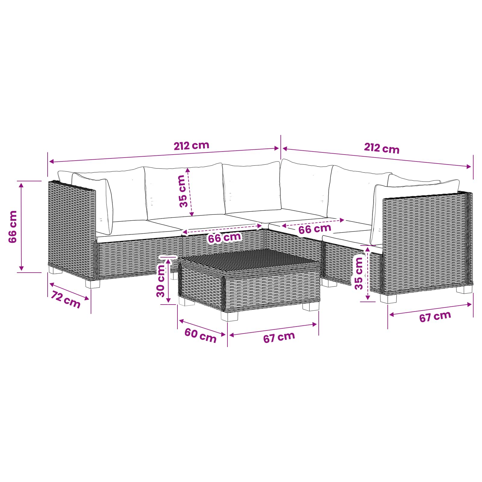 6 st Rieten Loungeset met Kussens GENDT Natuurlijk rattan