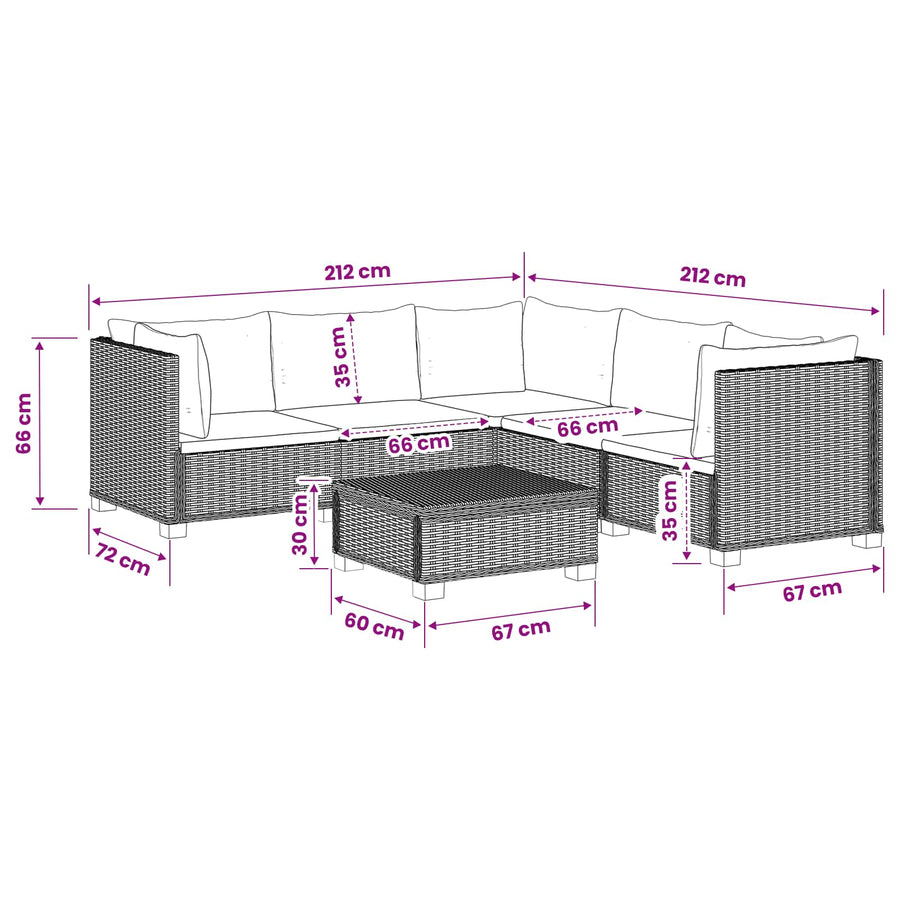 6 st Rieten Loungeset met Kussens GENDT Natuurlijk rattan