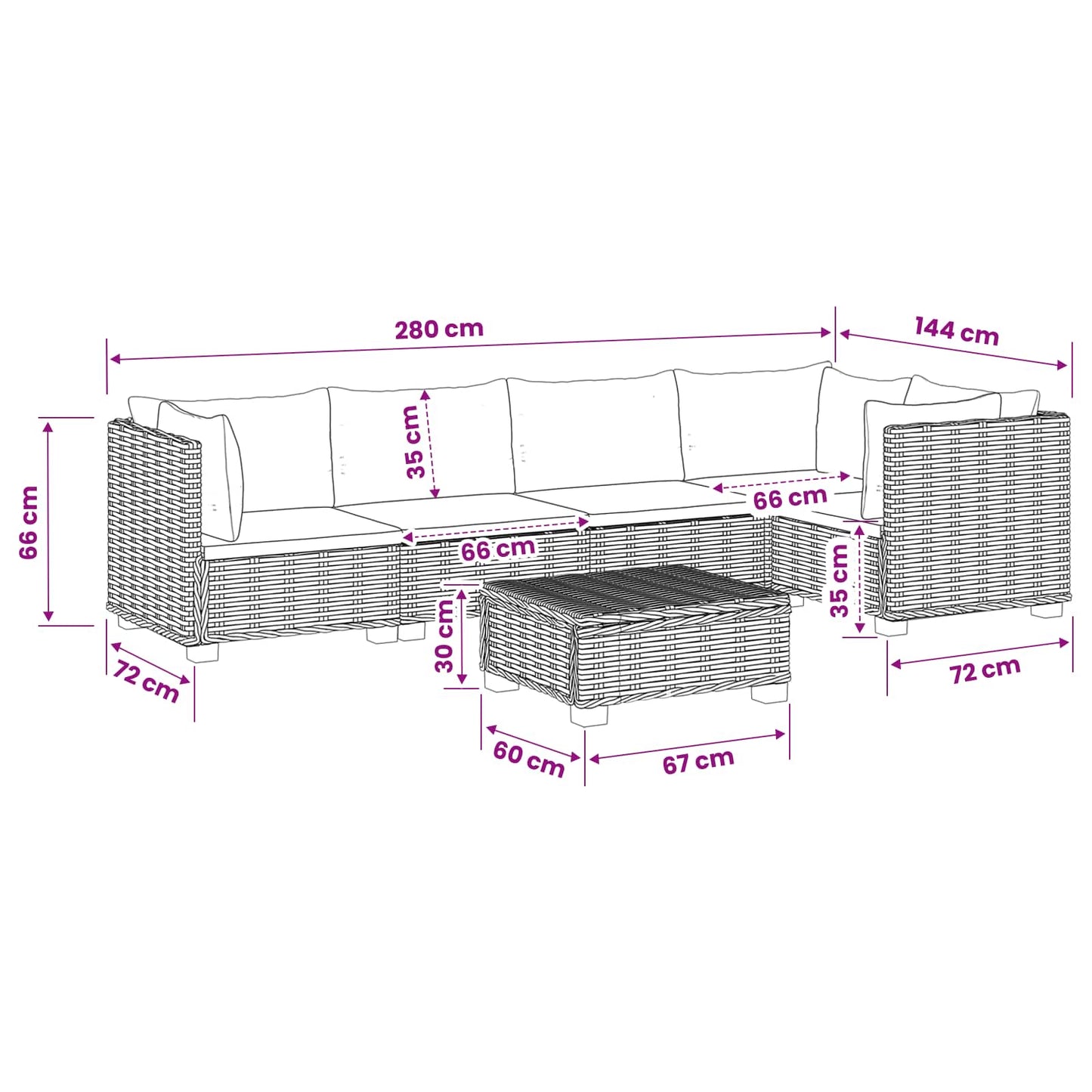 6 st Rieten Loungeset met Kussens GENDT Natuurlijk rattan
