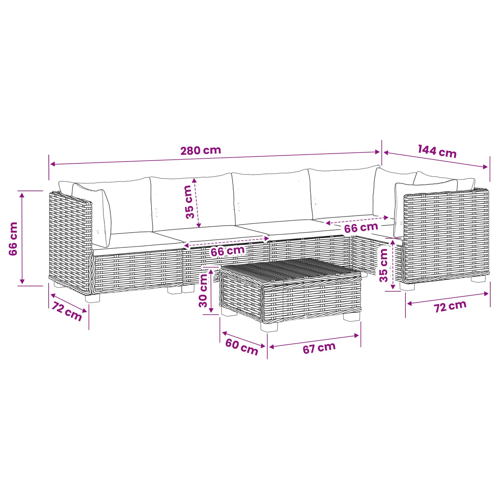 6 st Rieten Loungeset met Kussens GENDT Natuurlijk rattan