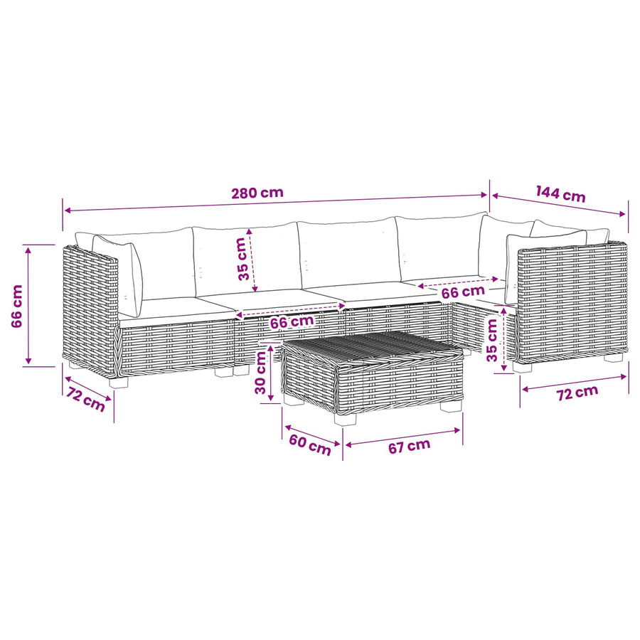 6 st Rieten Loungeset met Kussens GENDT Natuurlijk rattan