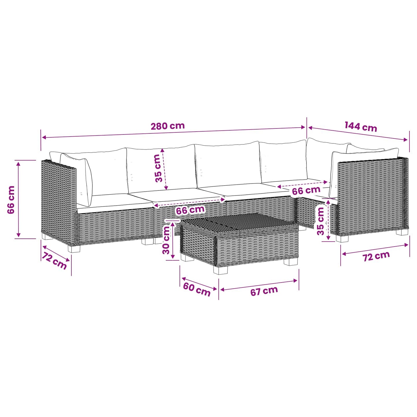 6 st Rieten Loungeset met Kussens GENDT Natuurlijk rattan