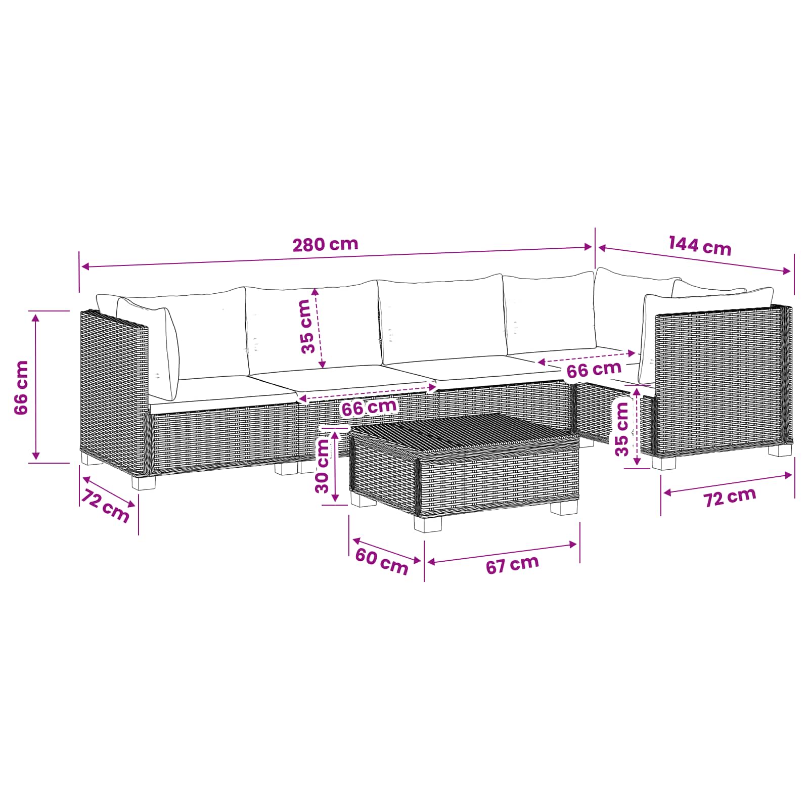 6 st Rieten Loungeset met Kussens GENDT Natuurlijk rattan