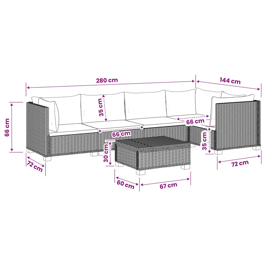6 st Rieten Loungeset met Kussens GENDT Natuurlijk rattan