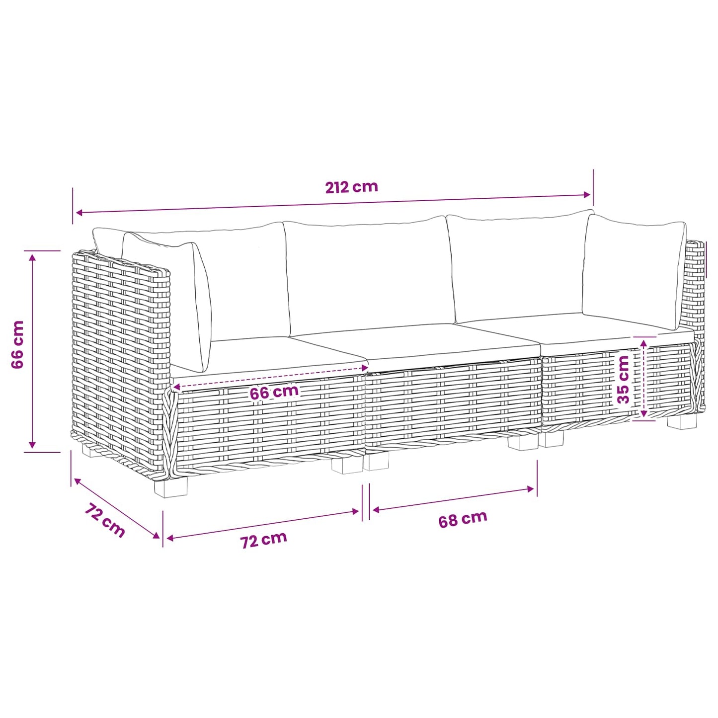 3 st Rieten Loungeset met Kussens GENDT Natuurlijk rattan