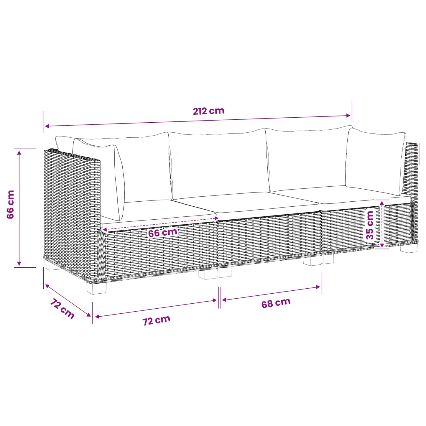 3 st Rieten Loungeset met Kussens GENDT Natuurlijk rattan